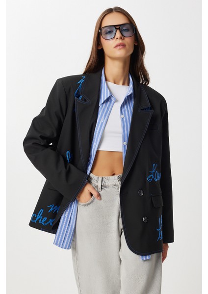 Oversize Vatkalı Işlemeli Dokuma Ceket LRG0054 Siyah