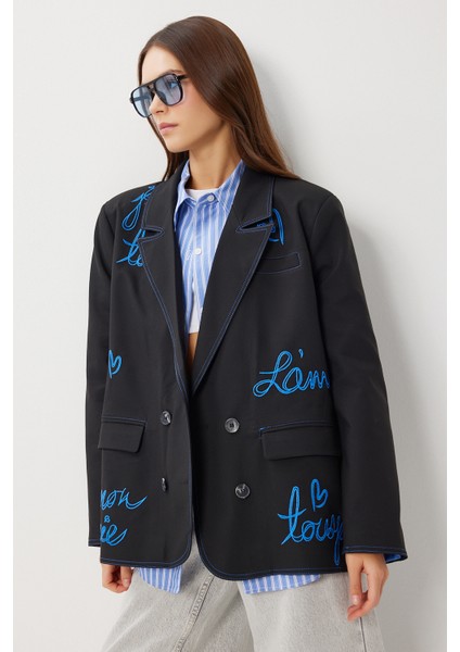 Oversize Vatkalı Işlemeli Dokuma Ceket LRG0054 Siyah modelleri