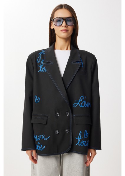 Oversize Vatkalı Işlemeli Dokuma Ceket LRG0054 Siyah fırsatları