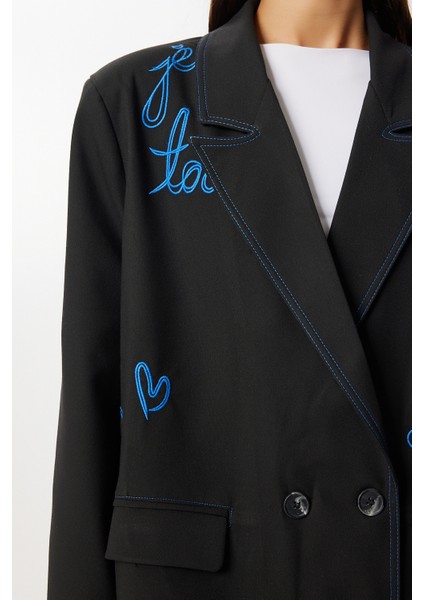 Oversize Vatkalı Işlemeli Dokuma Ceket LRG0054 Siyah indirimleri