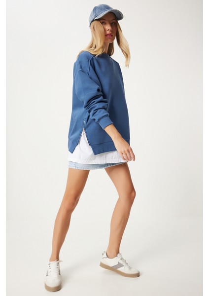 Fermuar Detaylı Şardonlu Sweatshirt LUB0003 Indigo Mavi