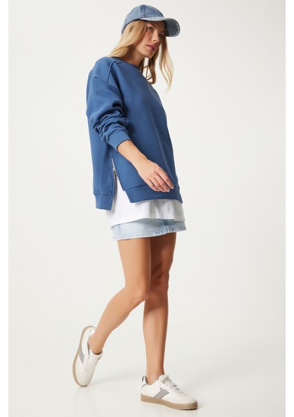 Fermuar Detaylı Şardonlu Sweatshirt LUB0003 Indigo Mavi fiyatları