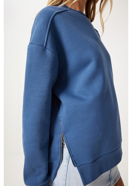 Fermuar Detaylı Şardonlu Sweatshirt LUB0003 Indigo Mavi indirimleri