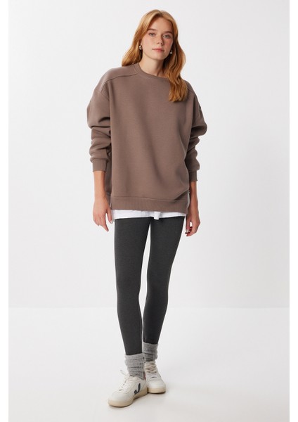 Fermuar Detaylı Şardonlu Sweatshirt LUB0003 Sütlü Kahve