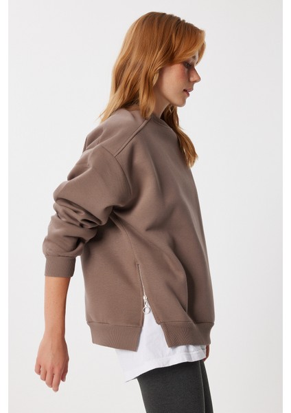 Fermuar Detaylı Şardonlu Sweatshirt LUB0003 Sütlü Kahve modelleri