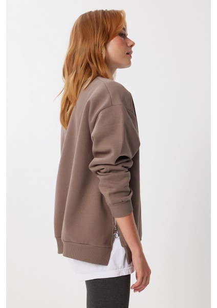 Fermuar Detaylı Şardonlu Sweatshirt LUB0003 Sütlü Kahve fırsatları