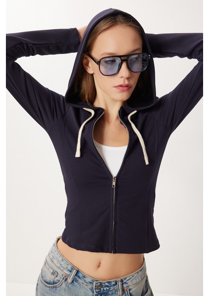 Kapüşonlu Fermuarlı Örme Sweatshirt LUB0294 Lacivert