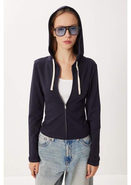 Kapüşonlu Fermuarlı Örme Sweatshirt LUB0294 Lacivert fiyatları