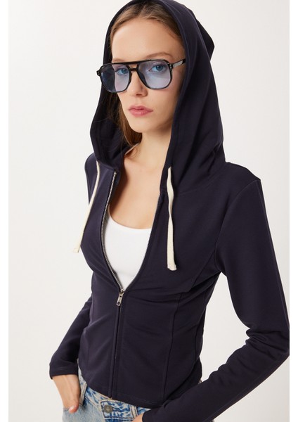 Kapüşonlu Fermuarlı Örme Sweatshirt LUB0294 Lacivert modelleri