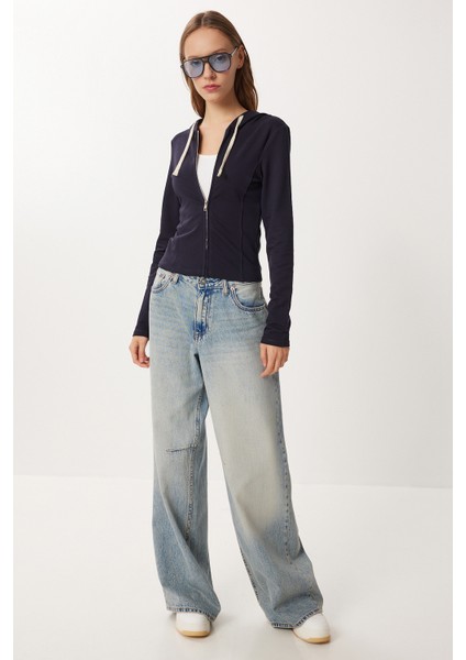 Kapüşonlu Fermuarlı Örme Sweatshirt LUB0294 Lacivert indirimleri