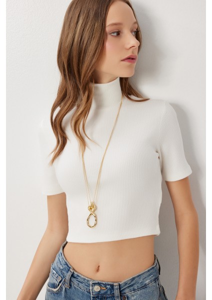 Dik Yaka Crop Fitilli Örme Bluz LUB0295 Kemik