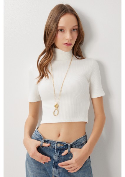 Dik Yaka Crop Fitilli Örme Bluz LUB0295 Kemik fiyatları