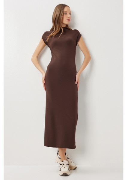 Dik Yaka Midi Örme Elbise LUB0304 Kahverengi fiyatları