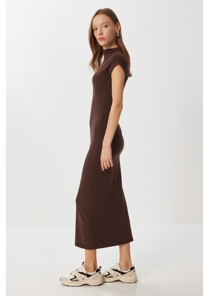 Dik Yaka Midi Örme Elbise LUB0304 Kahverengi modelleri