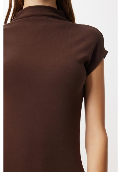 Dik Yaka Midi Örme Elbise LUB0304 Kahverengi fırsatları