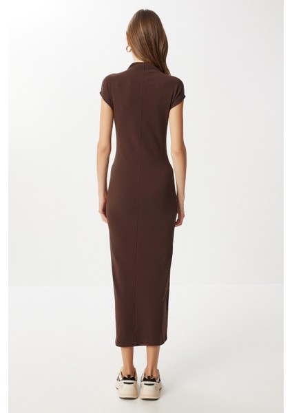 Dik Yaka Midi Örme Elbise LUB0304 Kahverengi indirimleri