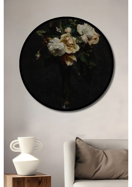 Dekoratif Ahşap Yuvarlak Çerçeve Görünümlü Tablo Gül Buketi