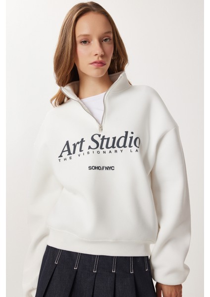 Fermuarlı Yaka Baskılı Şardonlu Örme Sweatshirt LUB0306 Ekru fiyatları