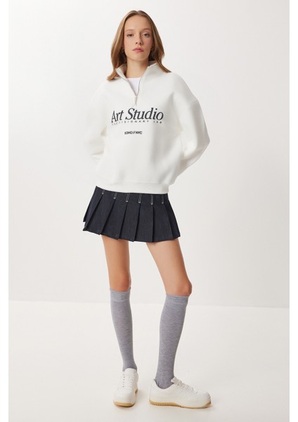 Fermuarlı Yaka Baskılı Şardonlu Örme Sweatshirt LUB0306 Ekru modelleri