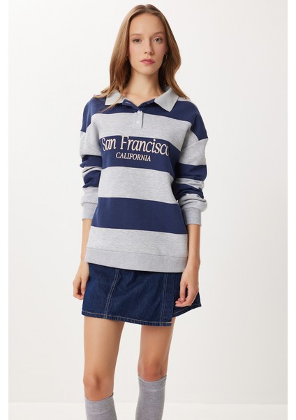 Çizgili Baskılı Polo Yaka Şardonlu Örme Sweatshirt LUB0307 Gri Lacivert