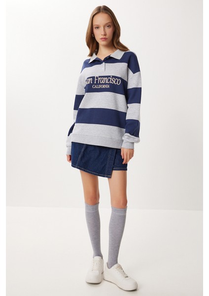 Çizgili Baskılı Polo Yaka Şardonlu Örme Sweatshirt LUB0307 Gri Lacivert fiyatları
