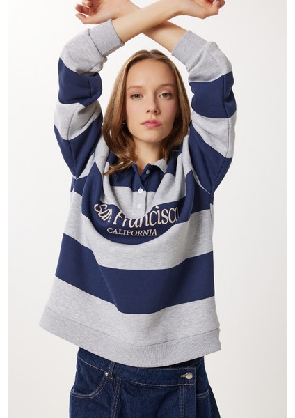 Çizgili Baskılı Polo Yaka Şardonlu Örme Sweatshirt LUB0307 Gri Lacivert modelleri