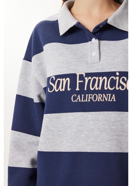 Çizgili Baskılı Polo Yaka Şardonlu Örme Sweatshirt LUB0307 Gri Lacivert fırsatları