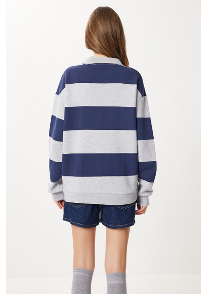 Çizgili Baskılı Polo Yaka Şardonlu Örme Sweatshirt LUB0307 Gri Lacivert indirimleri