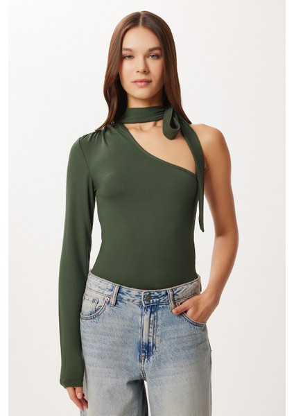 Fularlı Asimetrik Örme Bluz LUB0310 Haki