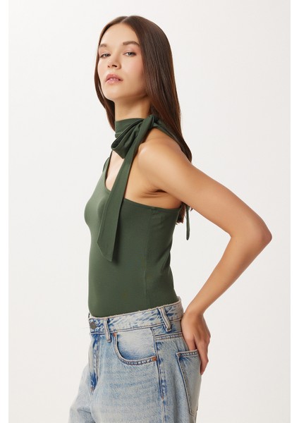 Fularlı Asimetrik Örme Bluz LUB0310 Haki fiyatları