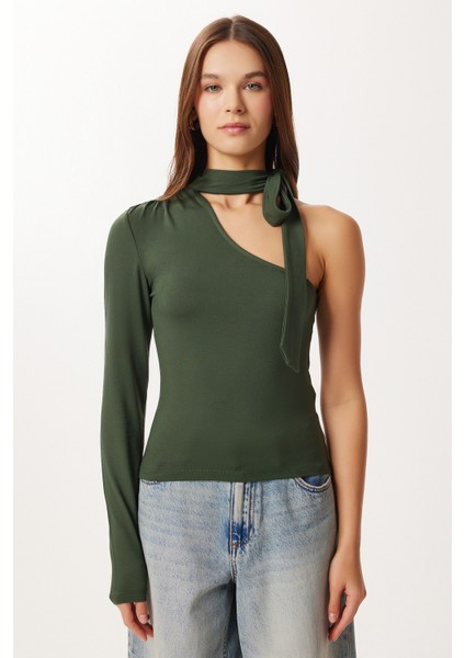 Fularlı Asimetrik Örme Bluz LUB0310 Haki modelleri