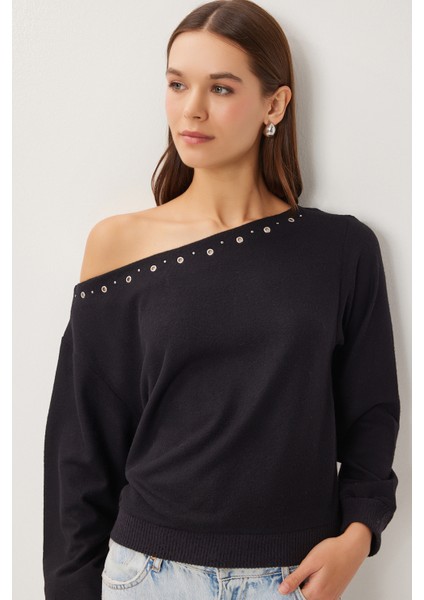 Asimetrik Halkalı Yumoş Bluz LUB0311 Siyah
