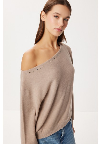 Asimetrik Halkalı Yumoş Bluz LUB0311 Vizon modelleri