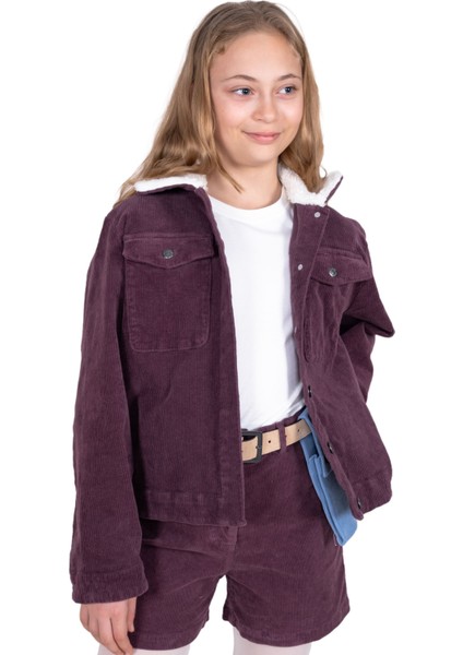 Fitilli Kadife Peluş Yaka Mor Kışlık Kız Çocuk Mont