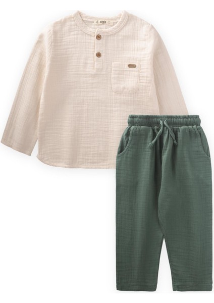 Organik Bohem Gömlekli Mevsimlik Takım 8-12 Yaş Krem/ç.yeşili