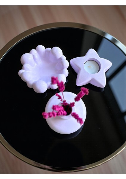 dekoratif 3’lü Set – Bubble Tabak, Yıldız Mumluk ve Vazo (Lavanta ve Mum Dahil), Şık Masa Üstü Dekor fiyatları