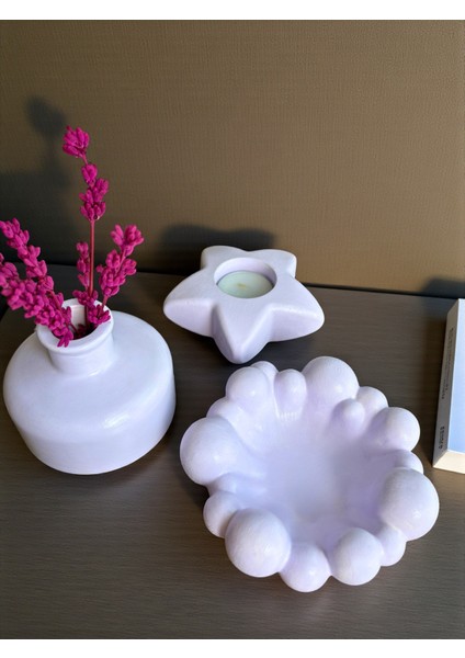dekoratif 3’lü Set – Bubble Tabak, Yıldız Mumluk ve Vazo (Lavanta ve Mum Dahil), Şık Masa Üstü Dekor fırsatları