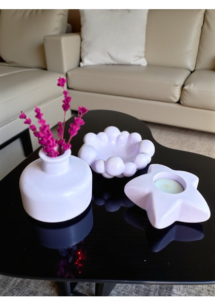 dekoratif 3’lü Set – Bubble Tabak, Yıldız Mumluk ve Vazo (Lavanta ve Mum Dahil), Şık Masa Üstü Dekor indirimleri