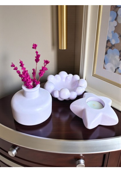 dekoratif 3’lü Set – Bubble Tabak, Yıldız Mumluk ve Vazo (Lavanta ve Mum Dahil), Şık Masa Üstü Dekor