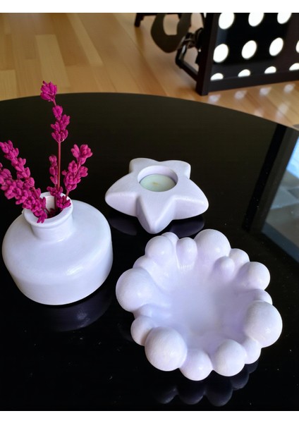 dekoratif 3’lü Set – Bubble Tabak, Yıldız Mumluk ve Vazo (Lavanta ve Mum Dahil), Şık Masa Üstü Dekor