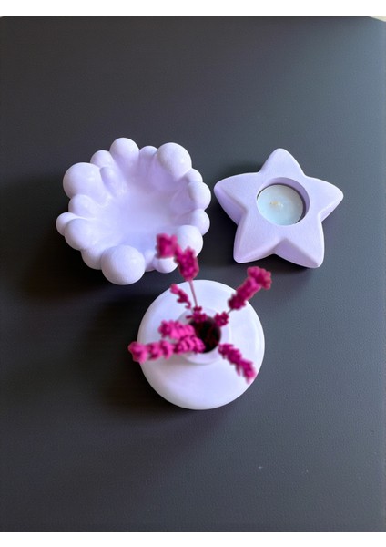 dekoratif 3’lü Set – Bubble Tabak, Yıldız Mumluk ve Vazo (Lavanta ve Mum Dahil), Şık Masa Üstü Dekor