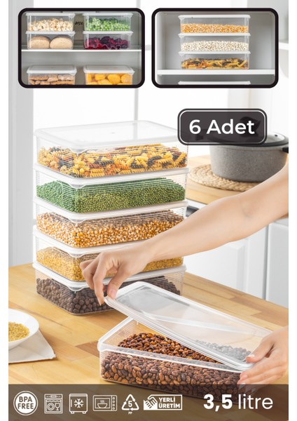 6 Adet 3,5 Lt Sızdırmaz Göstergeli Dikdörtgen Saklama Kabı Seti Şeffaf