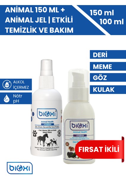 Animal Health + Plus 100 ml Jel & Bioxi Animal Health Sprey 150 ml - Deri, Meme, Göz ve Kulak Bakım Seti