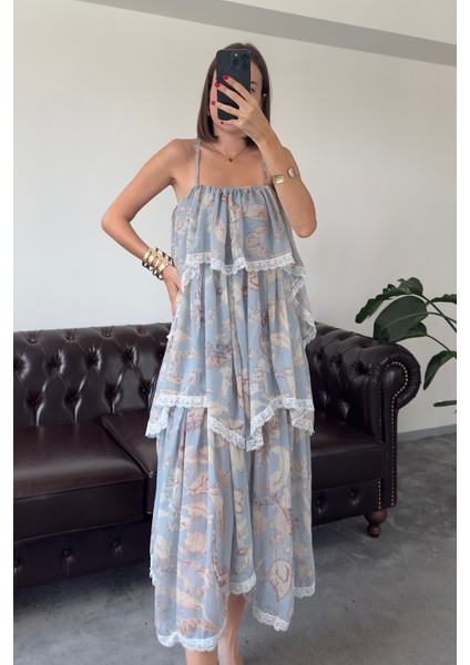 Fırfırlı Çiçek Desen Özel Seri Elbise- Mavi