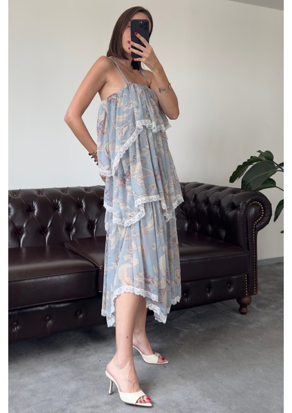 Fırfırlı Çiçek Desen Özel Seri Elbise- Mavi