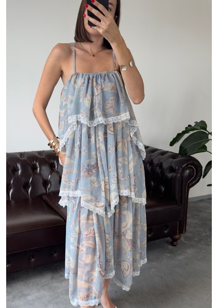 Fırfırlı Çiçek Desen Özel Seri Elbise- Mavi