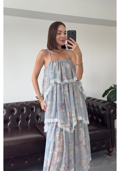 Fırfırlı Çiçek Desen Özel Seri Elbise- Mavi