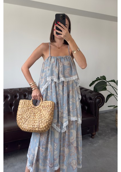 Fırfırlı Çiçek Desen Özel Seri Elbise- Mavi