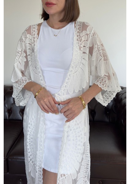 Traspran Premium Makrome Kimono- Beyaz