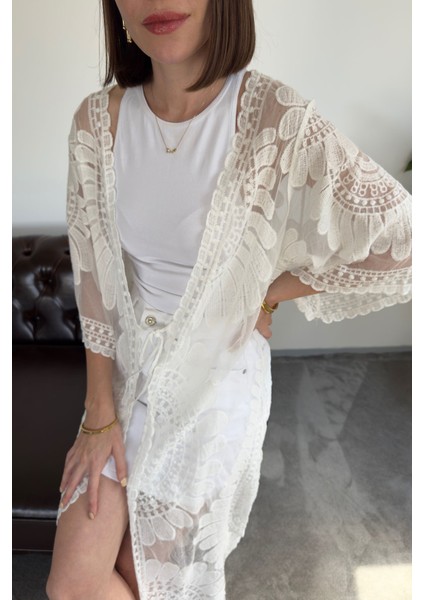 Traspran Premium Makrome Kimono- Beyaz
